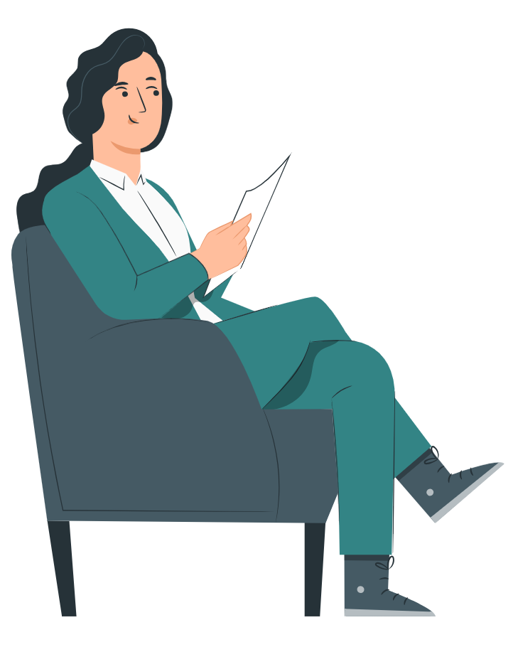 Illustration einer entspannten Ärztin oder Therapeutin beim Durchsehen von Patientenunterlagen – moderne, digitale Praxisorganisation mit Lucoyo Software im Gesundheitswesen.