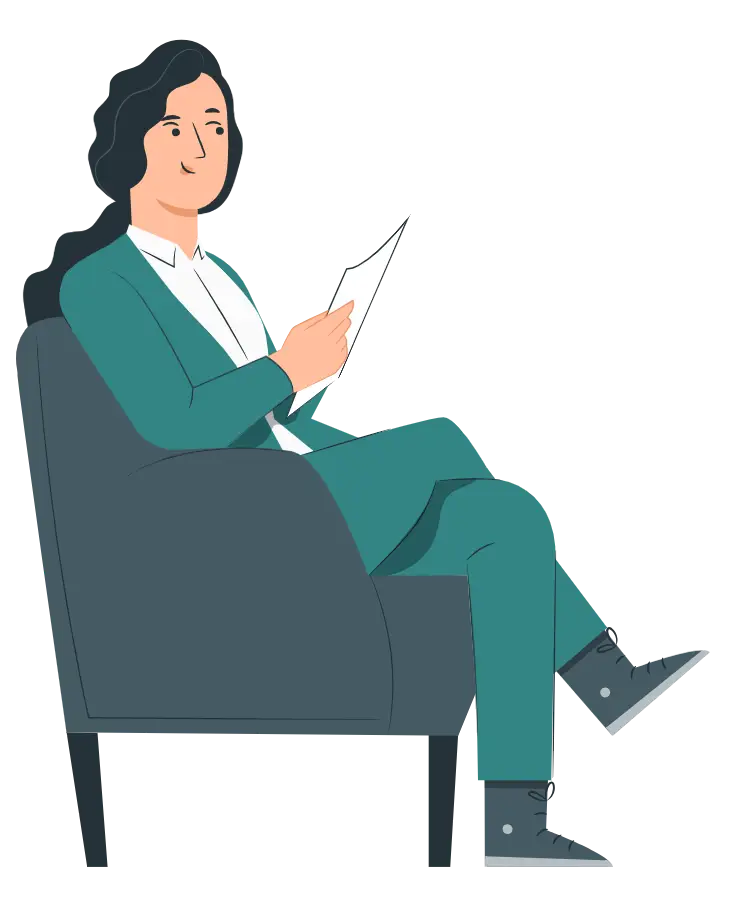 Illustration einer entspannten Ärztin oder Therapeutin beim Durchsehen von Patientenunterlagen – moderne, digitale Praxisorganisation mit Lucoyo Software im Gesundheitswesen.