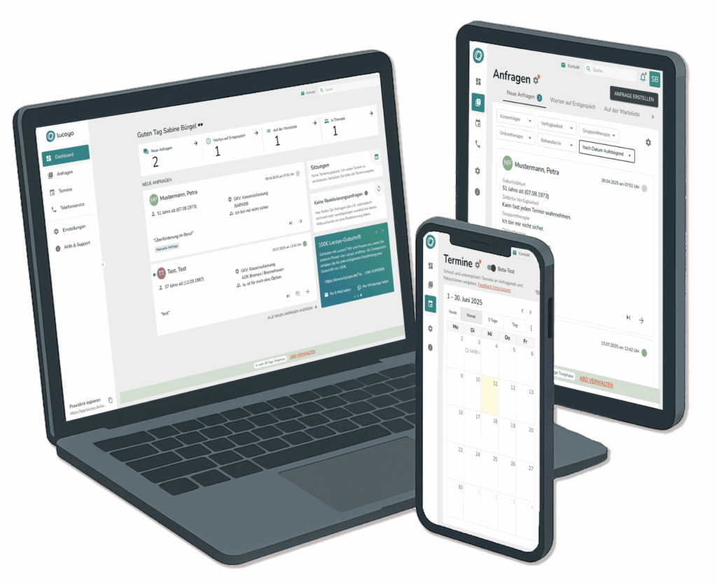 Responsive Benutzeroberfläche der Lucoyo Software auf Laptop, Tablet und Smartphone – moderne Praxissoftware für digitales Patientenmanagement, Terminverwaltung und Anfragenbearbeitung im Gesundheitswesen